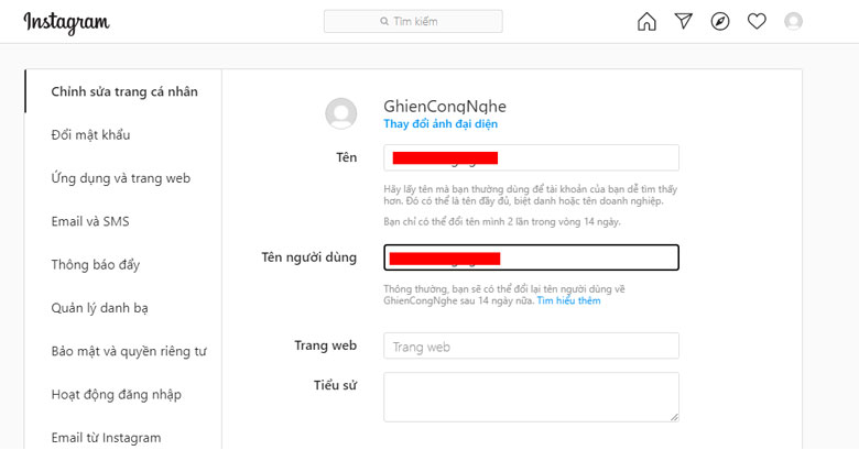 đổi tên Instagram